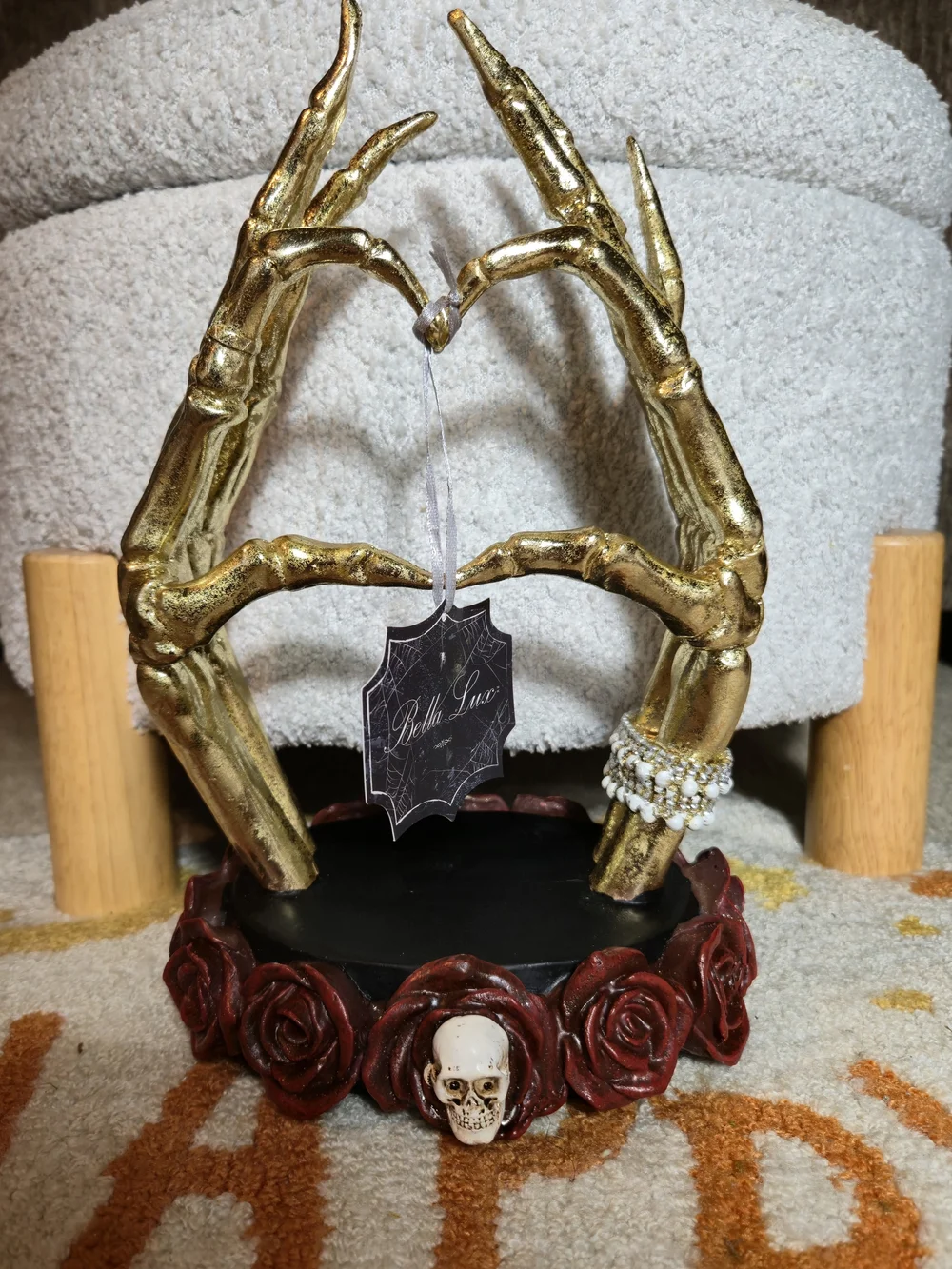 Gold Skeleton Heart Hands Sculpture Halloween Rose Base Gothic Decor NWT